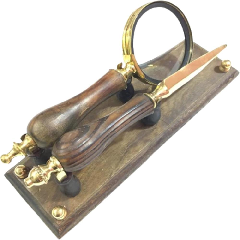 Brass Magnifying Glass With Letter Opener On Wooden Base Ideal For Reading Stamp And Coin Collectors - Features: Good Quality