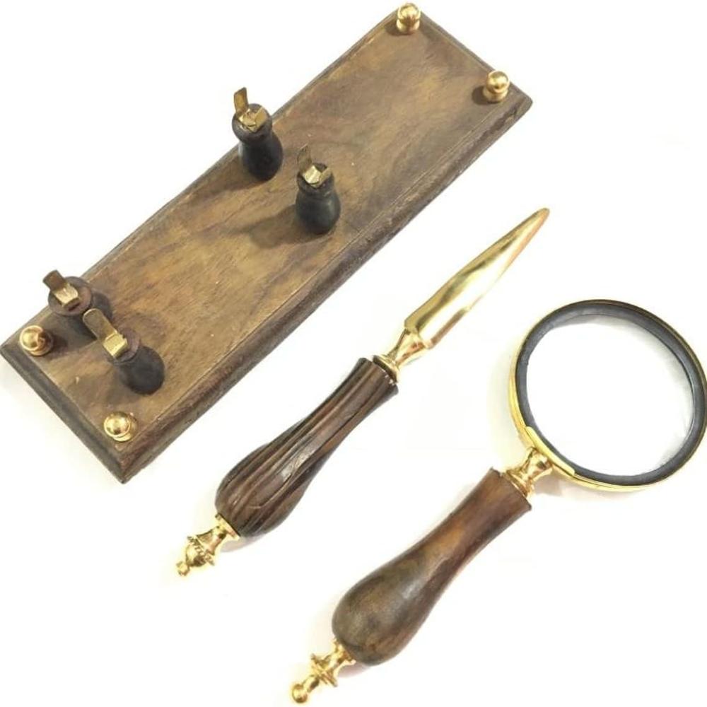 Brass Magnifying Glass With Letter Opener On Wooden Base Ideal For Reading Stamp And Coin Collectors - Features: Good Quality