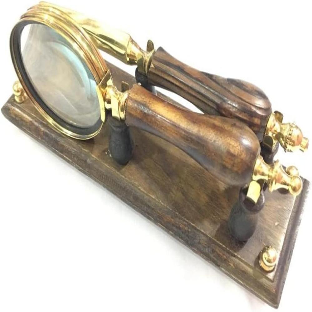 Brass Magnifying Glass With Letter Opener On Wooden Base Ideal For Reading Stamp And Coin Collectors - Features: Good Quality