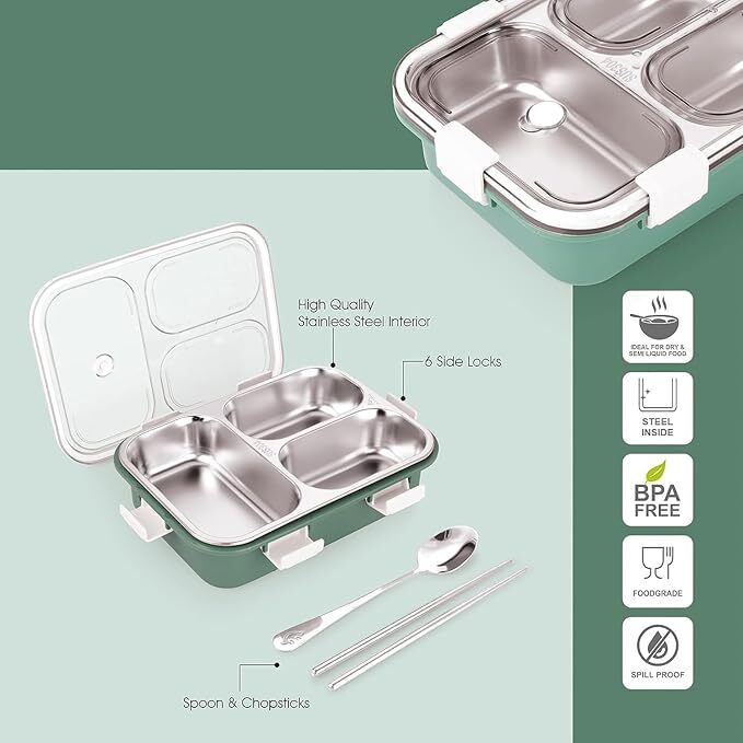 Lunch Box 3 Compartment LeMAPK-Proof BPA Free Stainless Steel