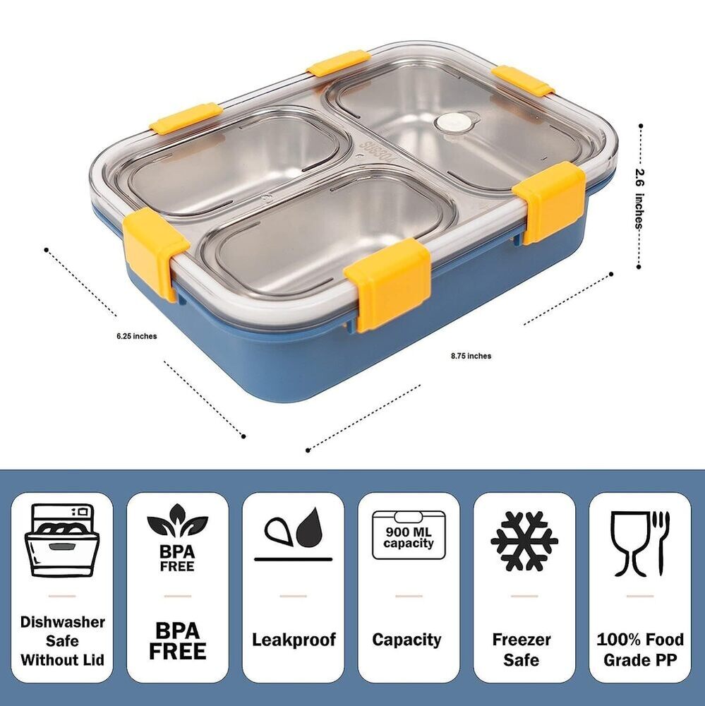 Lunch Box 3 Compartment LeMAPK-Proof BPA Free Stainless Steel
