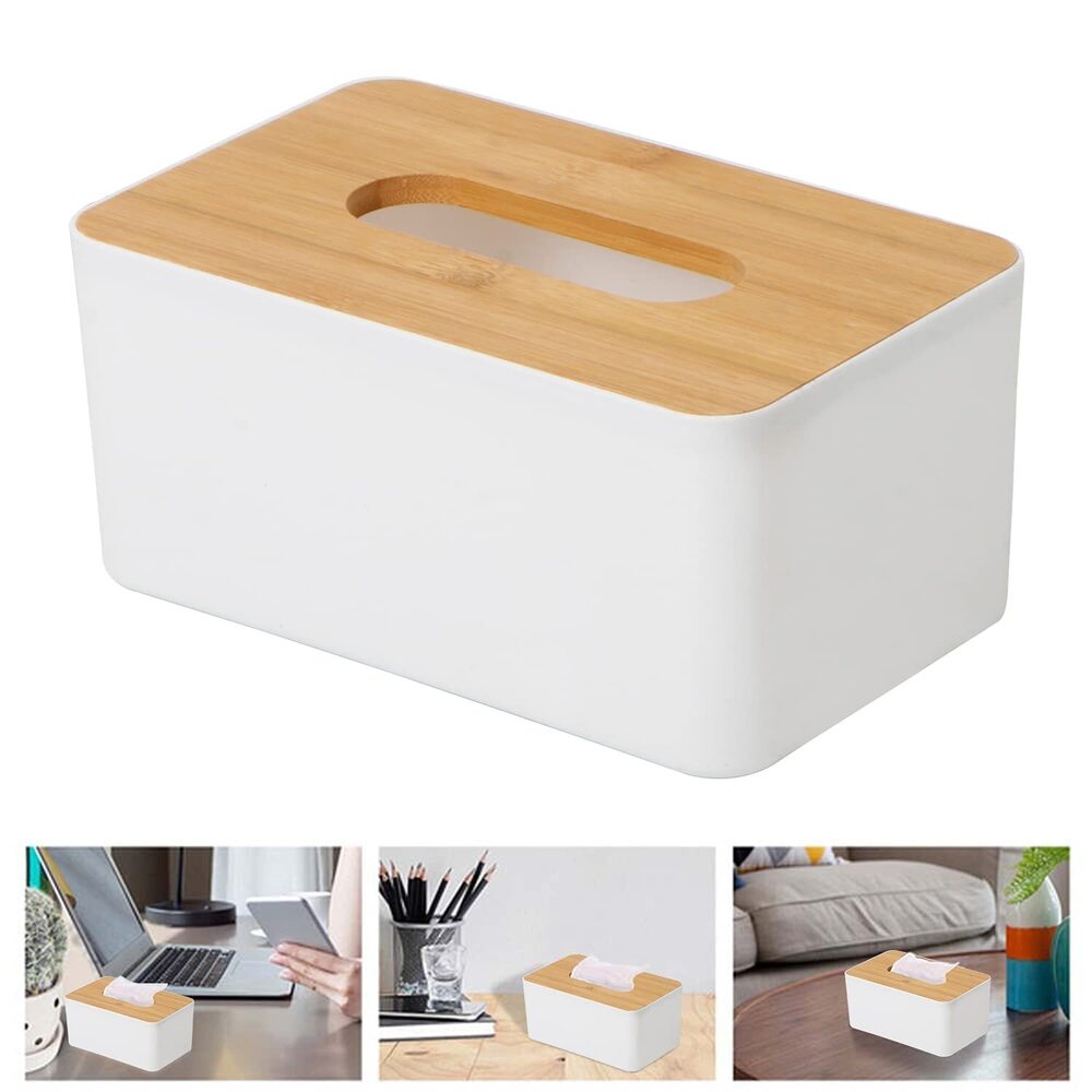 Wooden Tissue Paper Holder Box Organizer For Car Decor Home | 21 X 12.5 X 9.5 Cm |Wood, Plastic - Color: White