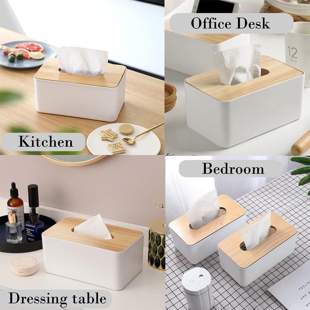 Wooden Tissue Paper Holder Box Organizer For Car Decor Home | 21 X 12.5 X 9.5 Cm |Wood, Plastic - Color: White