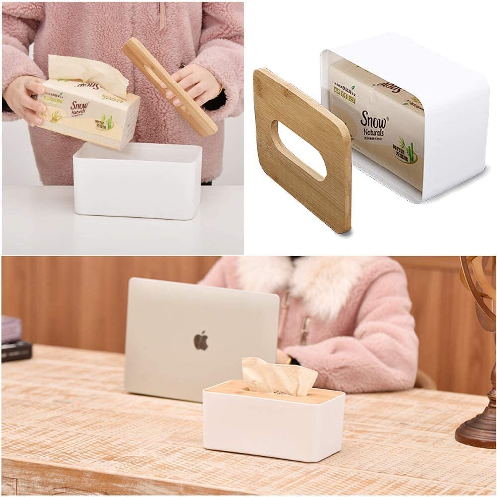 Wooden Tissue Paper Holder Box Organizer For Car Decor Home | 21 X 12.5 X 9.5 Cm |Wood, Plastic - Color: White