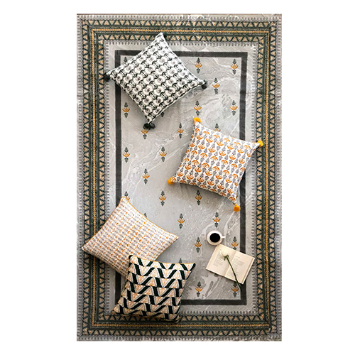 Soft Grey Marbled Table Cloth With Intricate Block Printed Mofits - Color: Various Available
