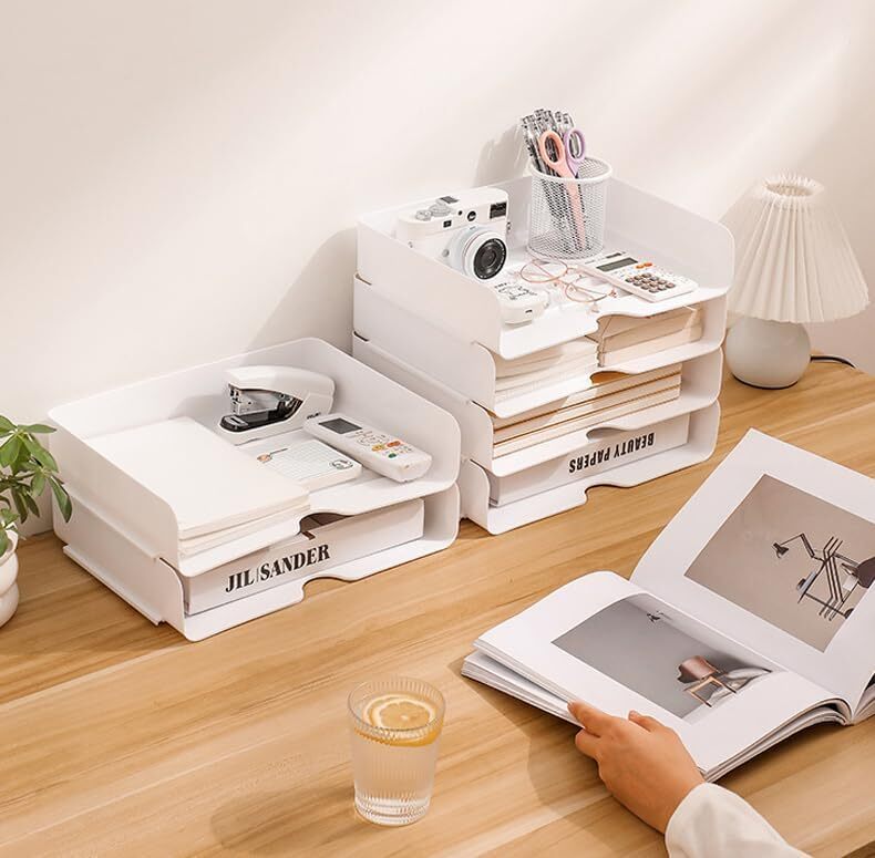 Stackable 4-tier Document Tray, Letter, Books, Magazines, Accessories Storage Rack | White | 32 X 24 X 7 Cm - Application: Multiple Usage