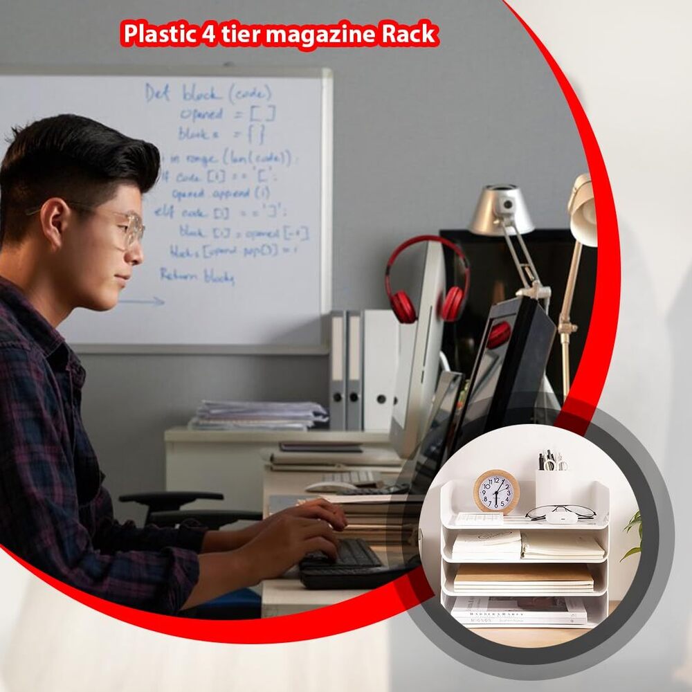 Stackable 4-tier Document Tray, Letter, Books, Magazines, Accessories Storage Rack | White | 32 X 24 X 7 Cm - Application: Multiple Usage