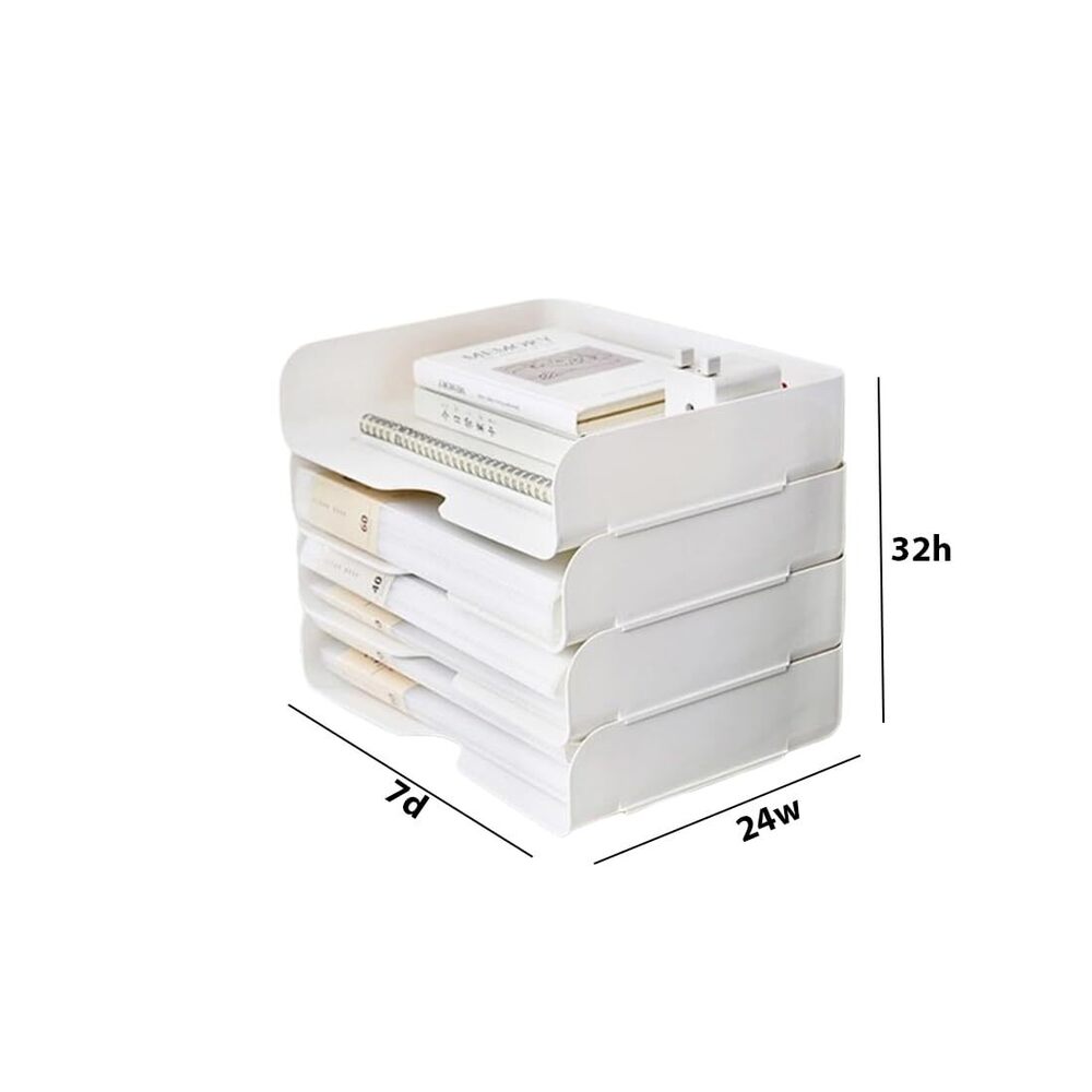 Stackable 4-tier Document Tray, Letter, Books, Magazines, Accessories Storage Rack | White | 32 X 24 X 7 Cm - Application: Multiple Usage