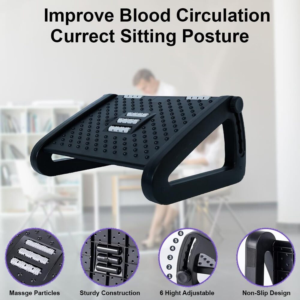 Under Desk Footrest Cushion For 6 Heights Ergonomic Adjustable With Massage Roller For Pain Relief Stool | Black - Grade: Personal Use