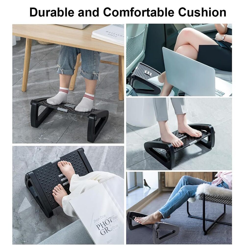 Under Desk Footrest Cushion For 6 Heights Ergonomic Adjustable With Massage Roller For Pain Relief Stool | Black - Grade: Personal Use