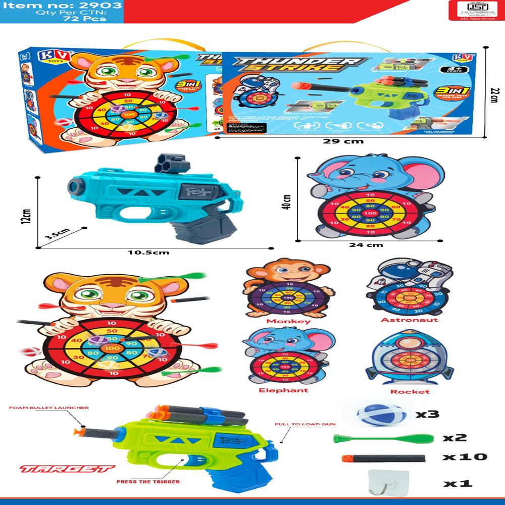 MINI CARTOON DART GUN GAME - Includes 1 Fabric Dart Board and 4 Balls, 1 Mini gun with 10 safe Velcro bullets, 4 Darts and 1 Hanger.