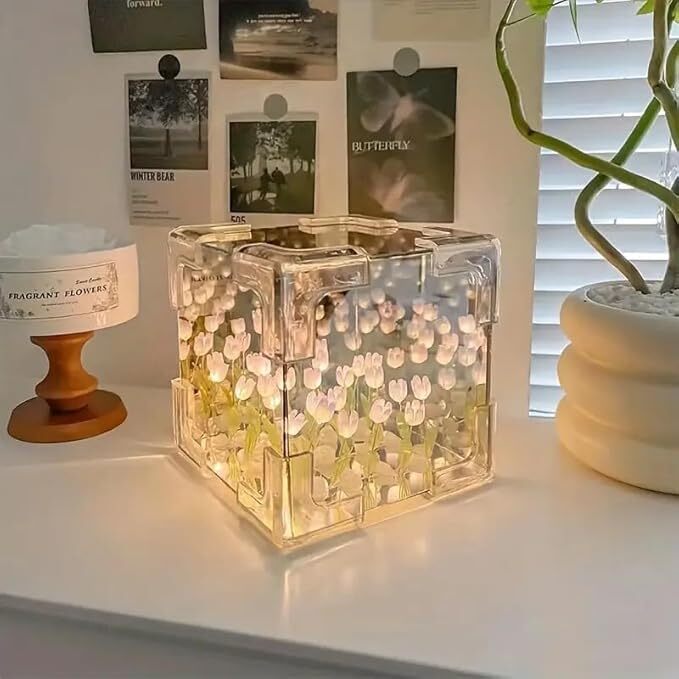 Lamp Handmade Flower Light Tulip Night - Wooden, Glass, And Plastic | 10cm X 10cm, Battery Operated, Simulated Flower Design, Ideal For Any Indoor Decor