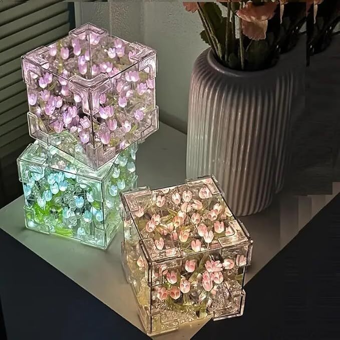 Lamp Handmade Flower Light Tulip Night - Wooden, Glass, And Plastic | 10cm X 10cm, Battery Operated, Simulated Flower Design, Ideal For Any Indoor Decor