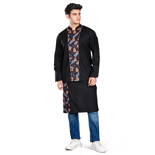Unichefs Black Chef Coat with Leaf Print in Center