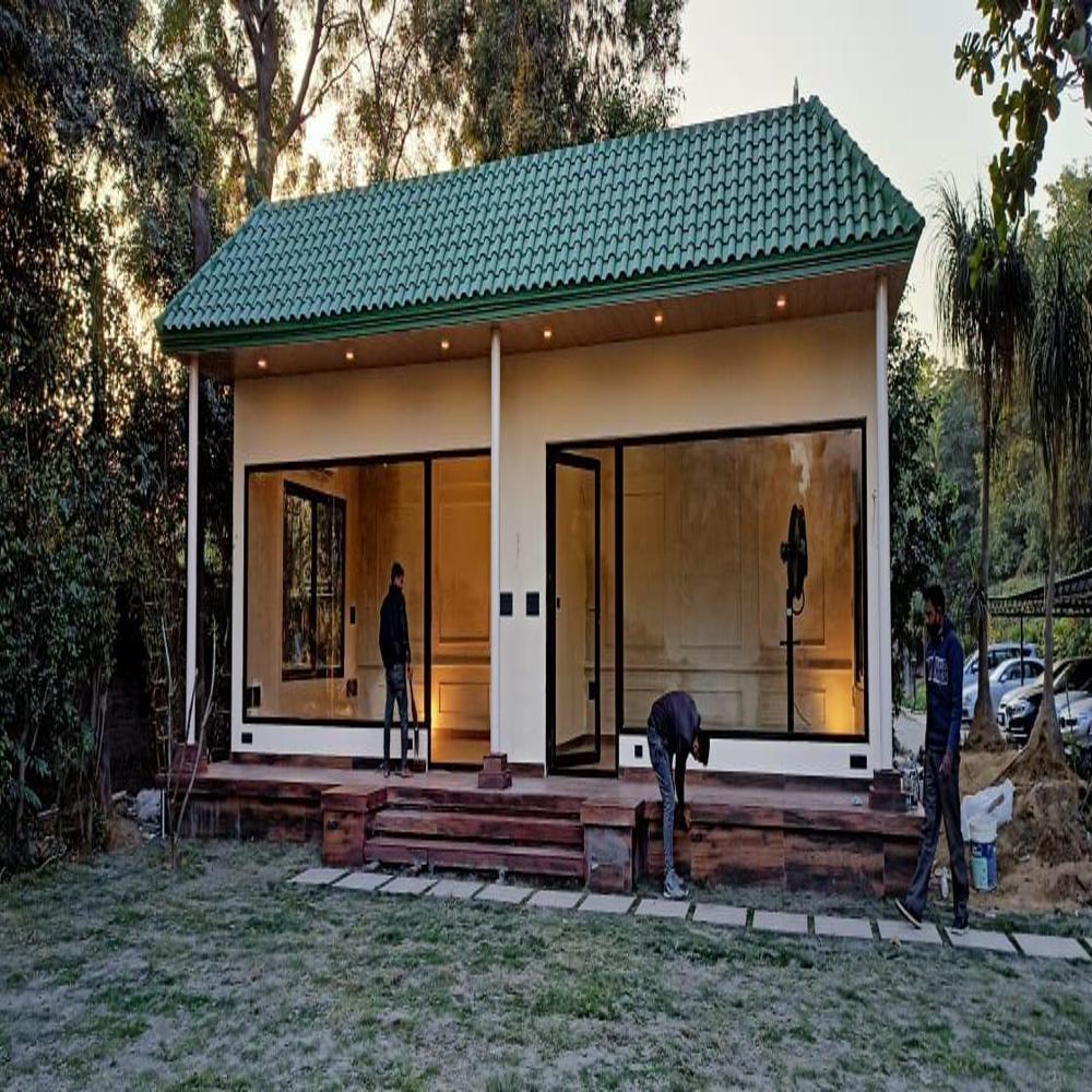 Farm House - Prefabricated Wood and Glass Villa , Features Green Tile Roof, Beige Walls, Variable Dimensions for Residential or Small Business Use