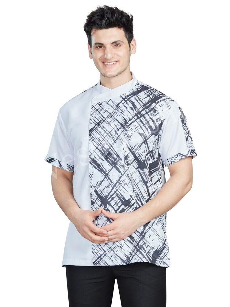 Unichef White Chef Coat with Electric Black Stylish Full Side Print