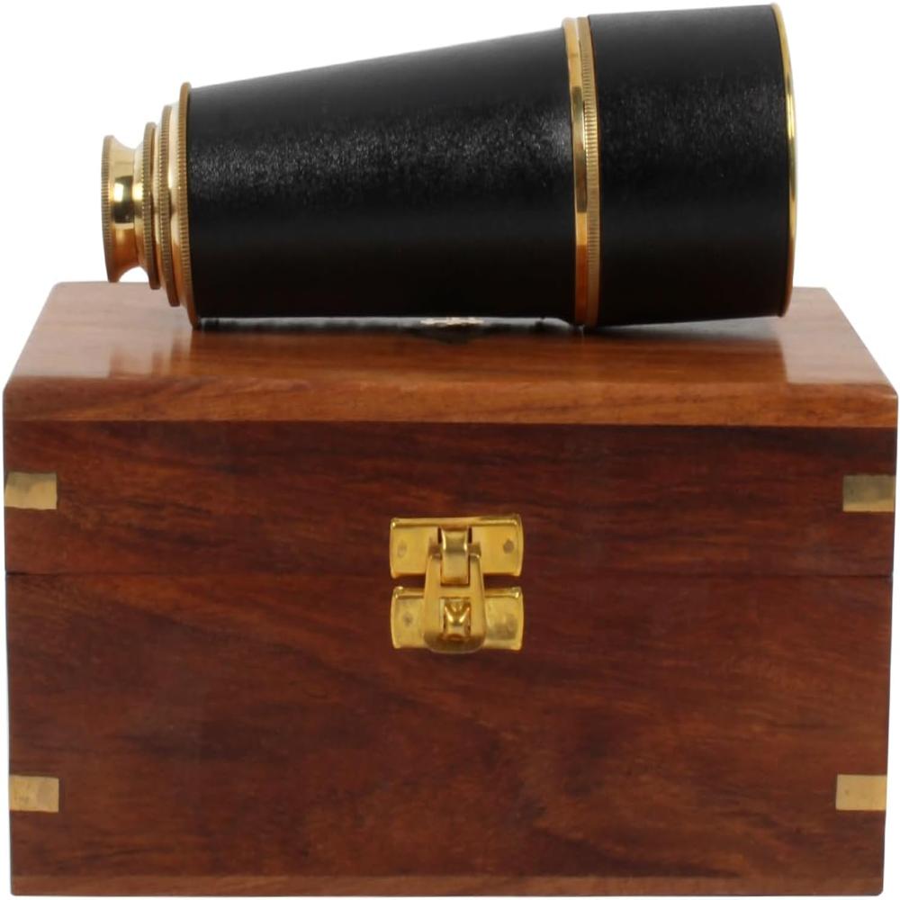 Brass Telescope Leather Mounted With Wooden Box - Color: Golden And Black