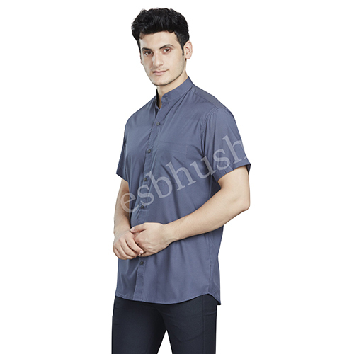 Trendy Mens Half Sleeve Chinese Collar Dark Grey Shirt