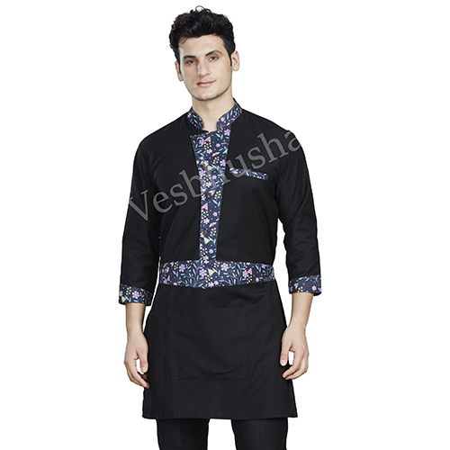 Vesbhushas Iconic Mens Black with Floral Print Patch and Half apron Attached
