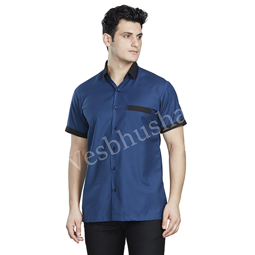 Vesbhushas Simple Royal Blue Shirt with Black Collar and Piping on Cuff