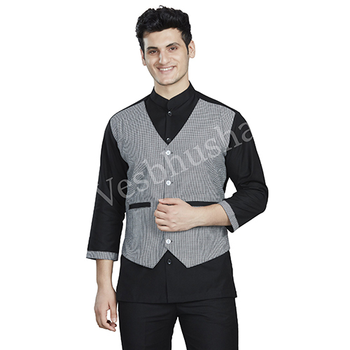 Vesbhushas Trendy Mens Black with Checks Waist Coat Atttached Service Coat