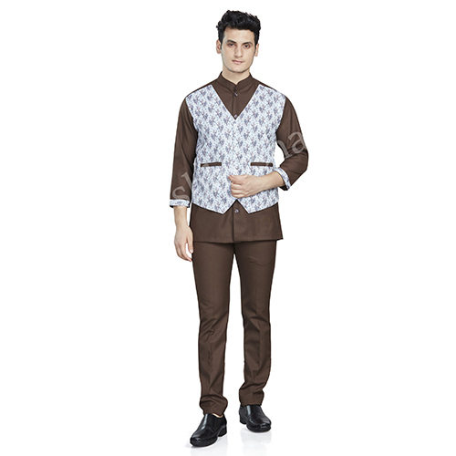 Vesbhushas Trendy Mens Brown with White Floral Print Waist Coat Atttached Service Coat