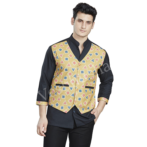 Vesbhushas Trendy Mens Navy Blue with Golden Geomatry Print Waist Coat Atttached Service Coat