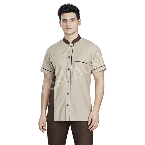 Rich Look Cream Shirt with Brown Collar, Piping on Cuff, Pocket