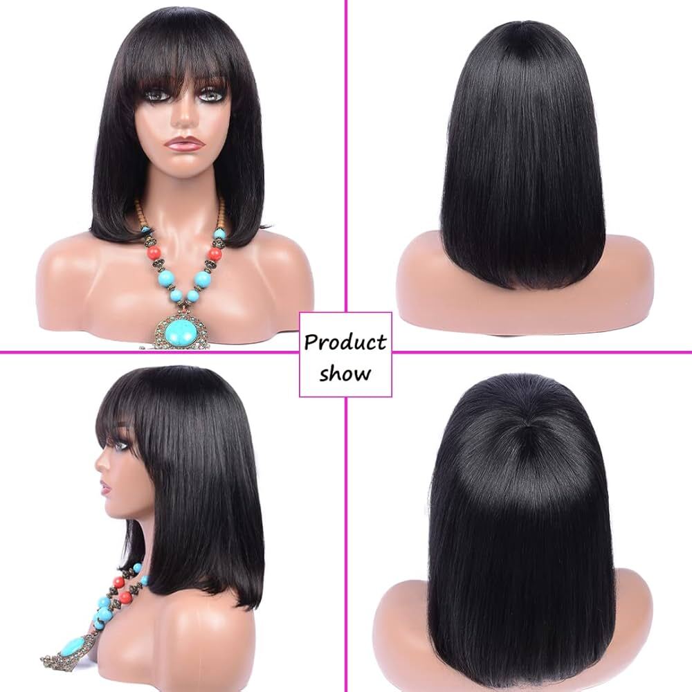 Short Bob Wigs with Bangs Brazilian Virgin Human Hair ( 8 Inch )