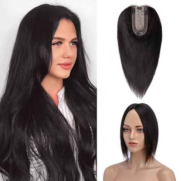 Black Hair Toppers for Women 18 Inch Silk Base 3 Clip in Natural Hair Extensions Wig