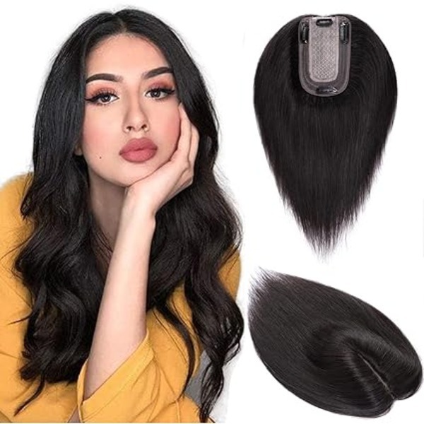 Black Hair Toppers for Women 18 Inch Silk Base 3 Clip in Natural Hair Extensions Wig