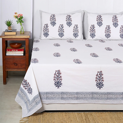 White Cotton Hand Block Floral Printed Bedsheet