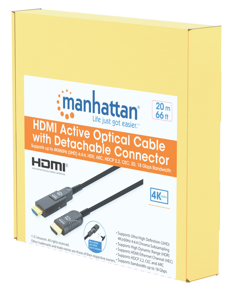 मैनहट्टन 355513 उच्च-गति HDMI सक्रिय ऑप्टिकल केबल, detachable कनेक्टर के साथ, 20 मीटर (65 फीट)