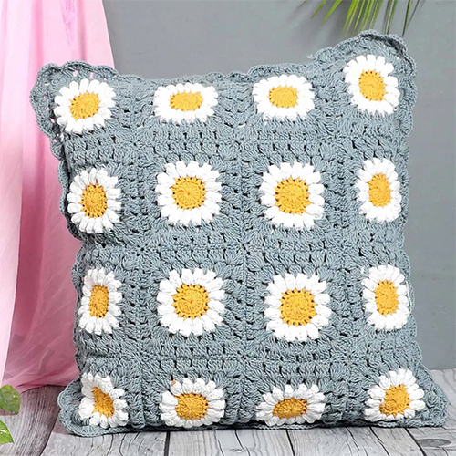 Grey Cotton Woven Crochet Handmade Cushion Cover