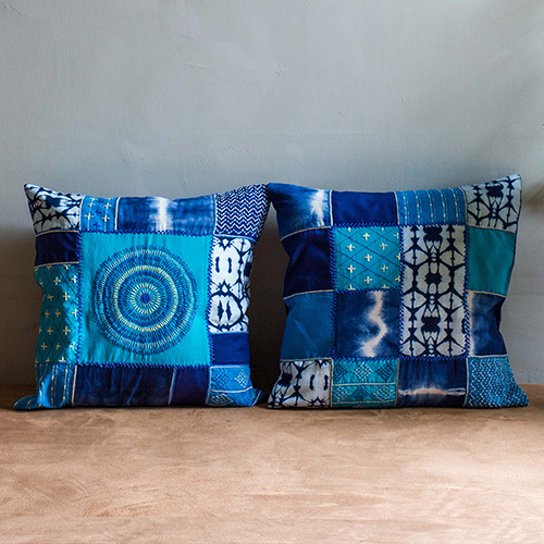 Embroidery Patchwork Cushions Blues Set