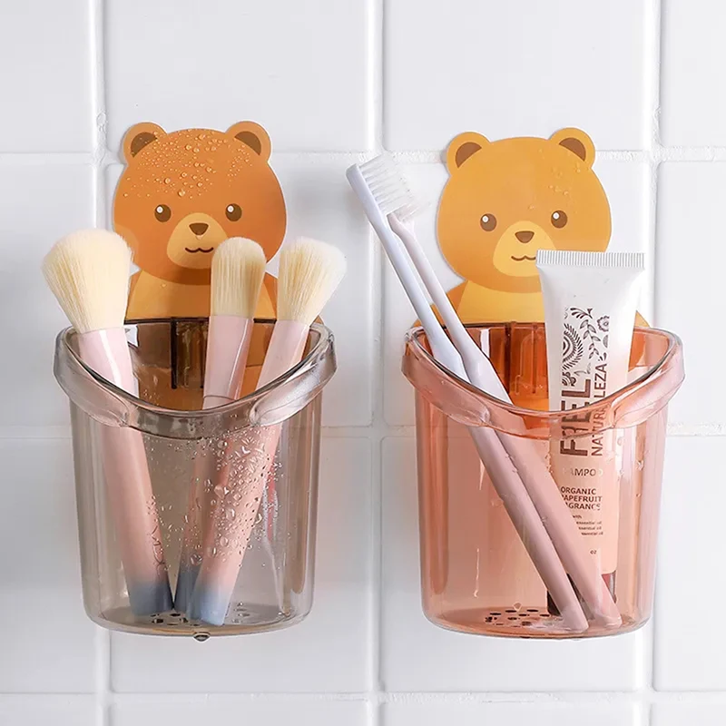 Teddy Bear Toothbrush Holder - Plastic, Different Sizes, Glossy Finish, Round Shape, Adorable Brown Design For Kids' Bathroom Decor