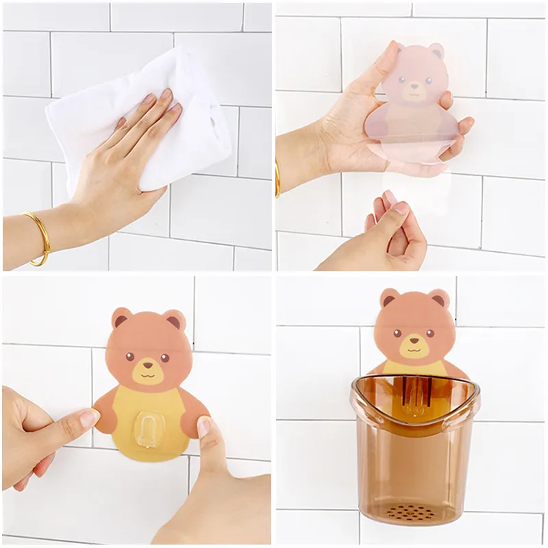 Teddy Bear Toothbrush Holder - Plastic, Different Sizes, Glossy Finish, Round Shape, Adorable Brown Design For Kids' Bathroom Decor