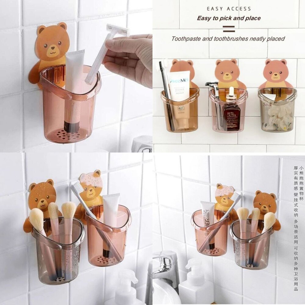 Teddy Bear Toothbrush Holder - Plastic, Different Sizes, Glossy Finish, Round Shape, Adorable Brown Design For Kids' Bathroom Decor