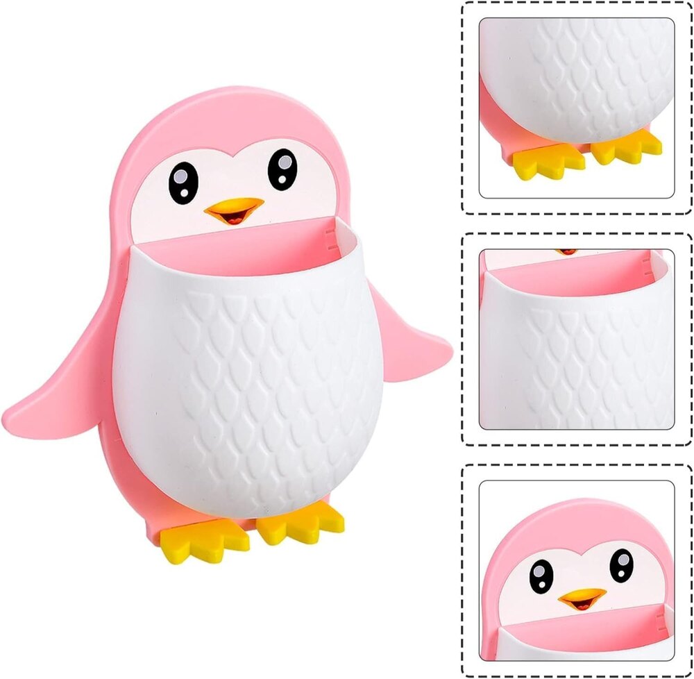 Wall Mounted Toothbrush Holder - Plastic, Different Sizes | Cute Penguin Design, Versatile Organizer For Daily Essentials, Easy Installation