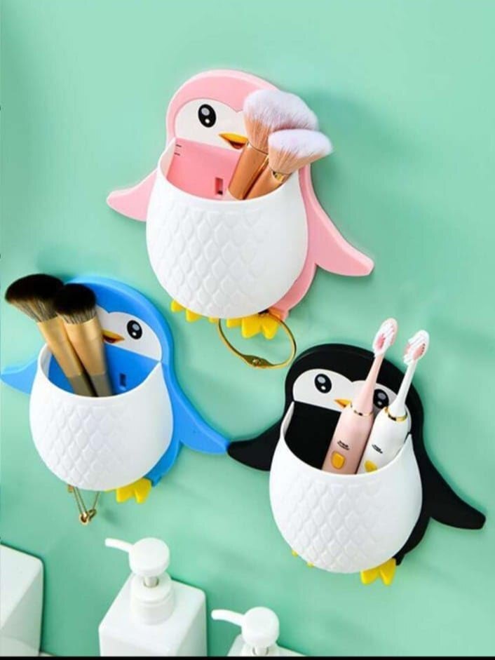 Wall Mounted Toothbrush Holder - Plastic, Different Sizes | Cute Penguin Design, Versatile Organizer For Daily Essentials, Easy Installation