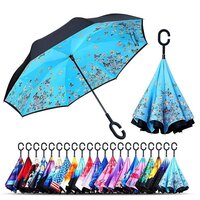 Reversible Windproof Upside Down Umbrellas - Inverted Design, C-type Rubberized Handle, Multiple Colors & Prints, Self Standing, No Drip