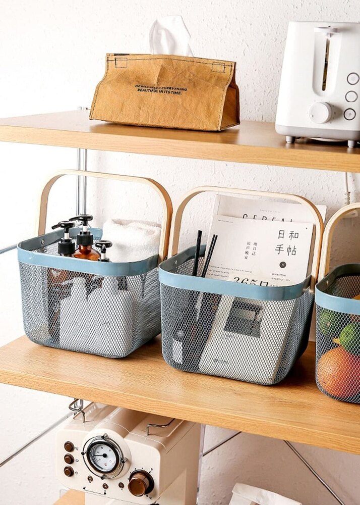 Metal Wire Mesh Basket - Carbon Fiber, Square Shape, Sleek Black Color | Durable, Easy To Clean, With Handles, Indian Regional Touch