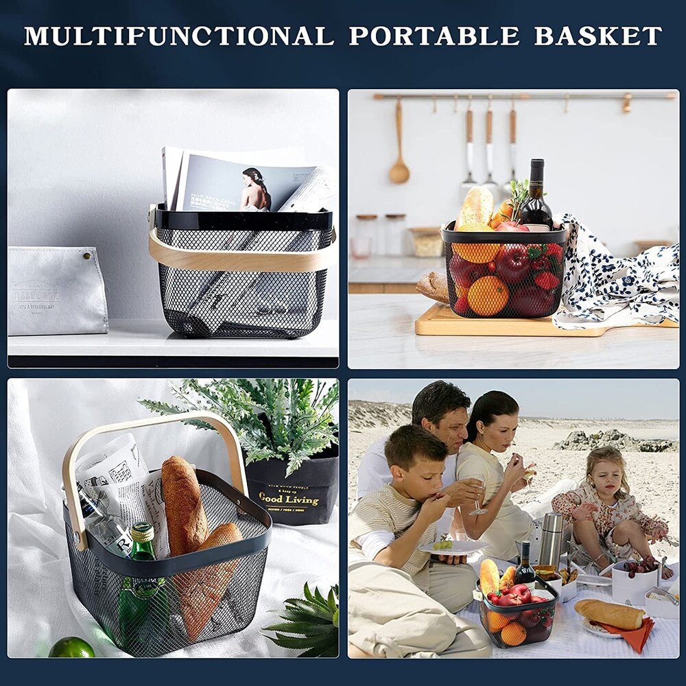 Metal Wire Mesh Basket - Carbon Fiber, Square Shape, Sleek Black Color | Durable, Easy To Clean, With Handles, Indian Regional Touch