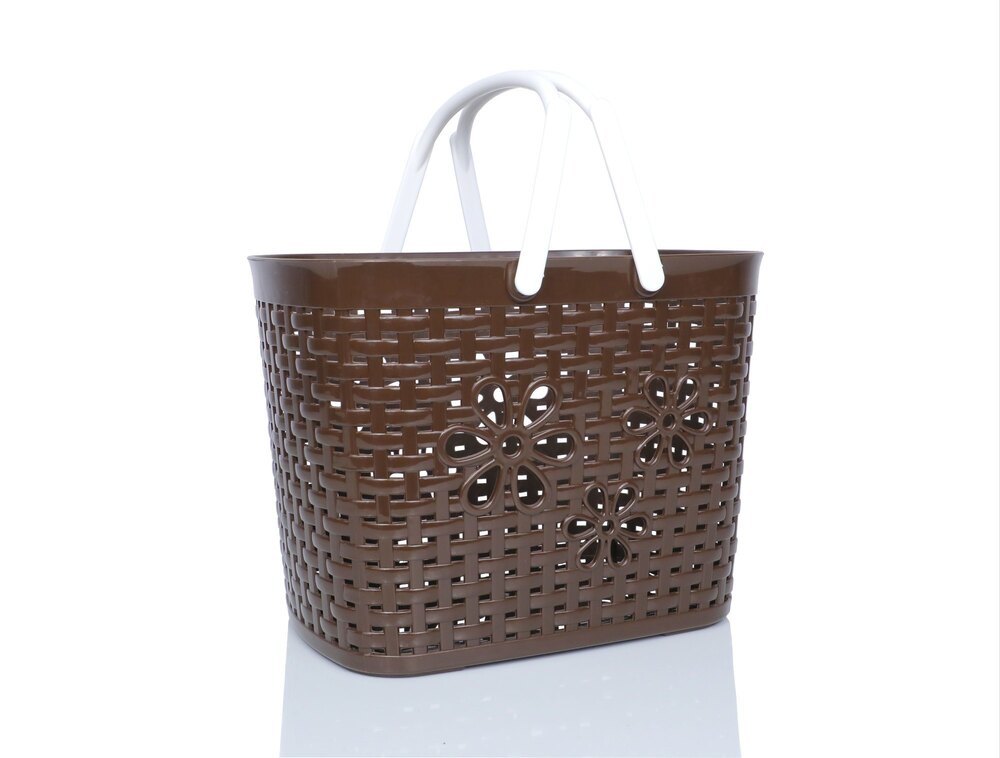 Plastic Organizer Baskets With Handle - Plastic, Square Shape, Brown Color | Durable, Easy To Clean, Traditional Indian Style Design