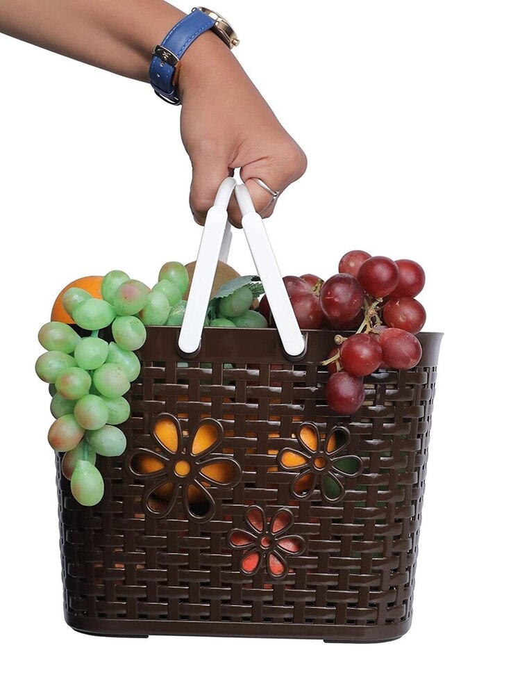Plastic Organizer Baskets With Handle - Plastic, Square Shape, Brown Color | Durable, Easy To Clean, Traditional Indian Style Design