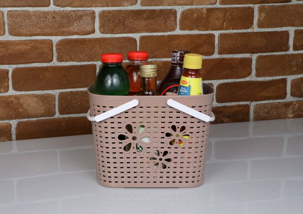 Plastic Organizer Baskets With Handle - Plastic, Square Shape, Brown Color | Durable, Easy To Clean, Traditional Indian Style Design