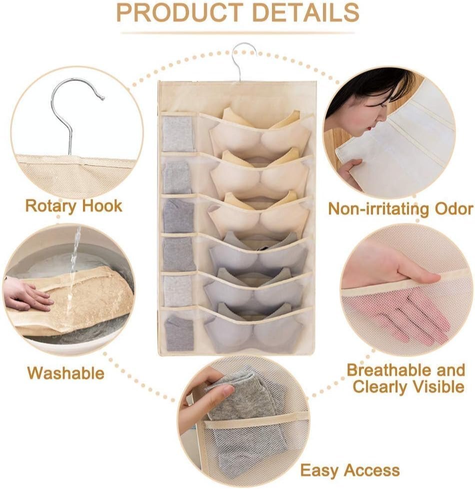 Double Sided 30 Pockets Hanging Bag - Other Materials, 2mm Size, Grey Color | Ideal For Organizing In Closets, Dorms, Or Offices