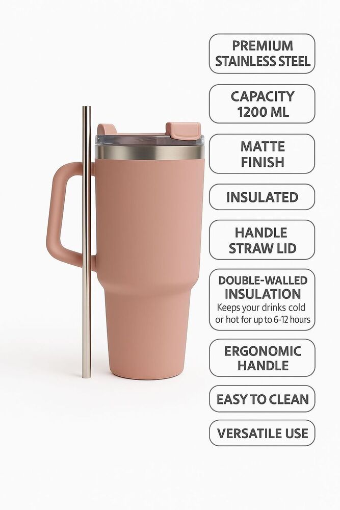 1200ml Insulated Stainless Steel Tumbler with Handle & Straw