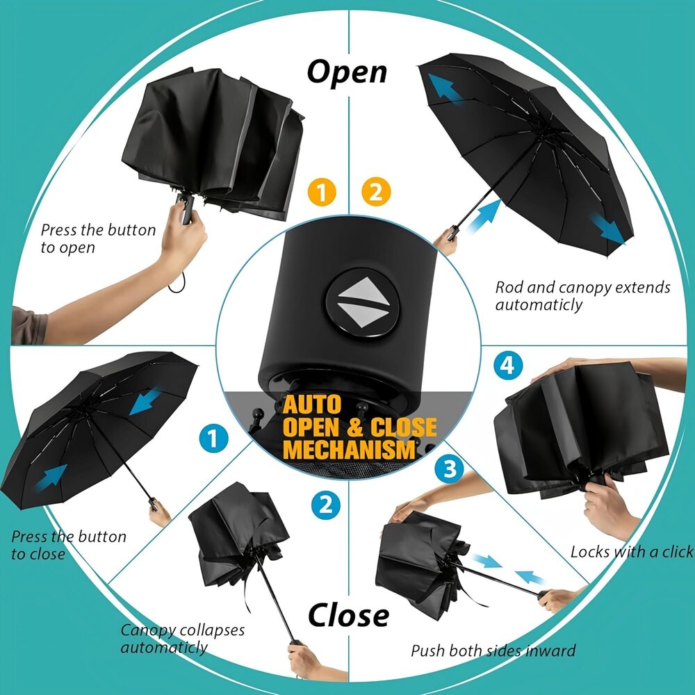 Auto Open Close Umbrella - Durable Nylon, 3-fold Design, Classic Black | Auto Open Button, Aluminum Shaft, Sophisticated Style
