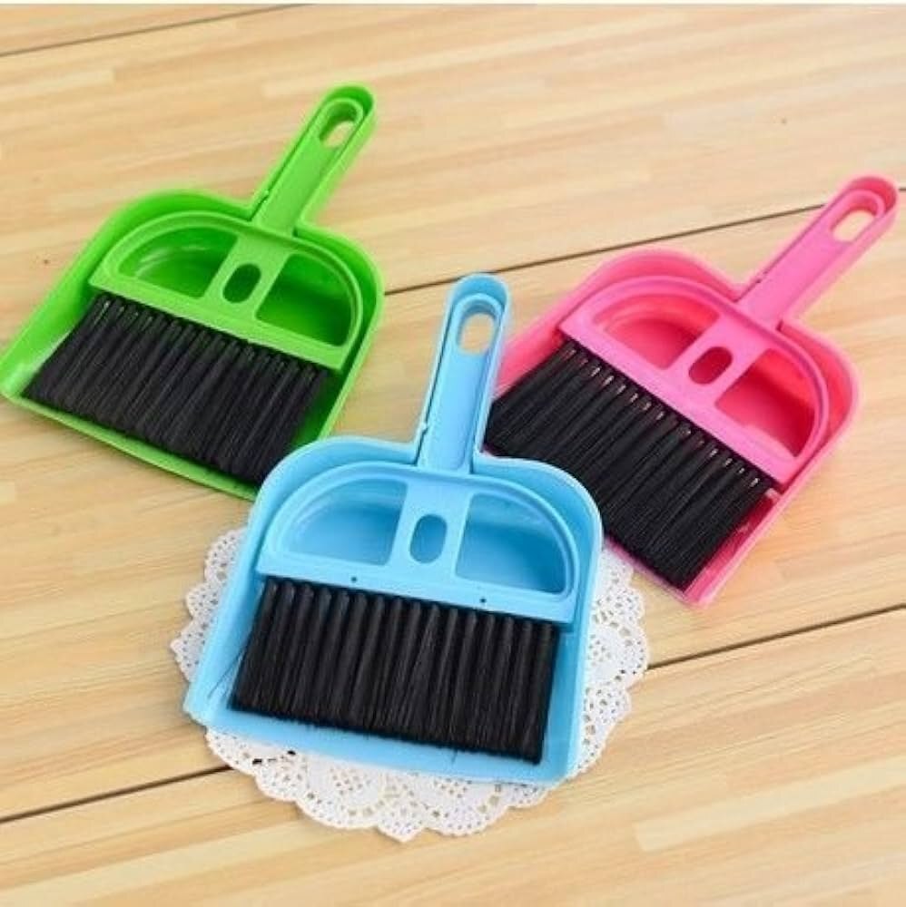 Mini Dust Pan Supdi With Brush Broom - Plastic, 8 Cm Handle Length, Open Top Structure, Smooth Surface In Blue And Green Colors | Hand-held Design, Hang Hole For Easy Storage